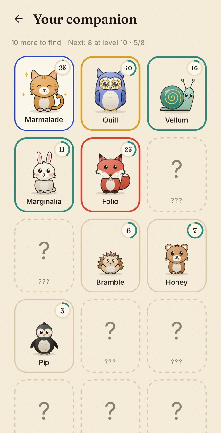 Eight companions, each at its own level
